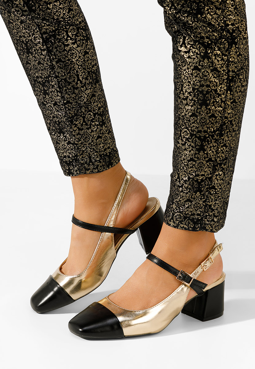 Eriosa aranyszínü vastag sarkú magassarkú 