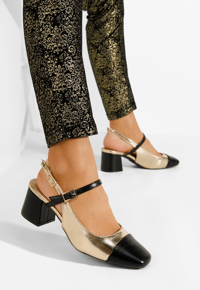 Eriosa aranyszínü vastag sarkú magassarkú 