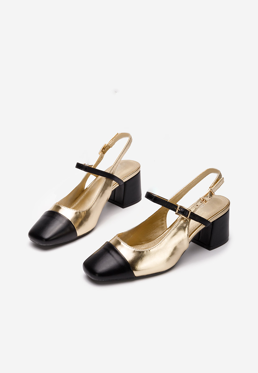 Eriosa aranyszínü vastag sarkú magassarkú 