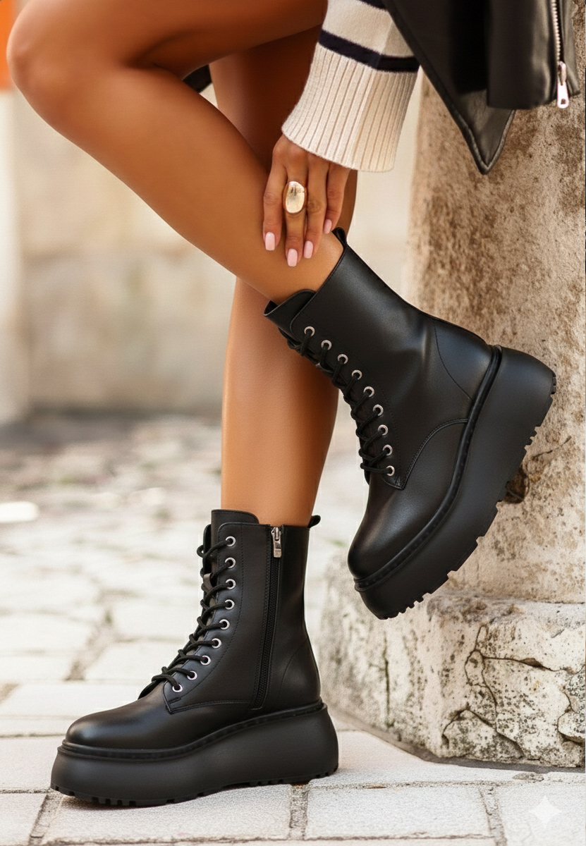 Luisena fekete telitalpú platform bokacsizma