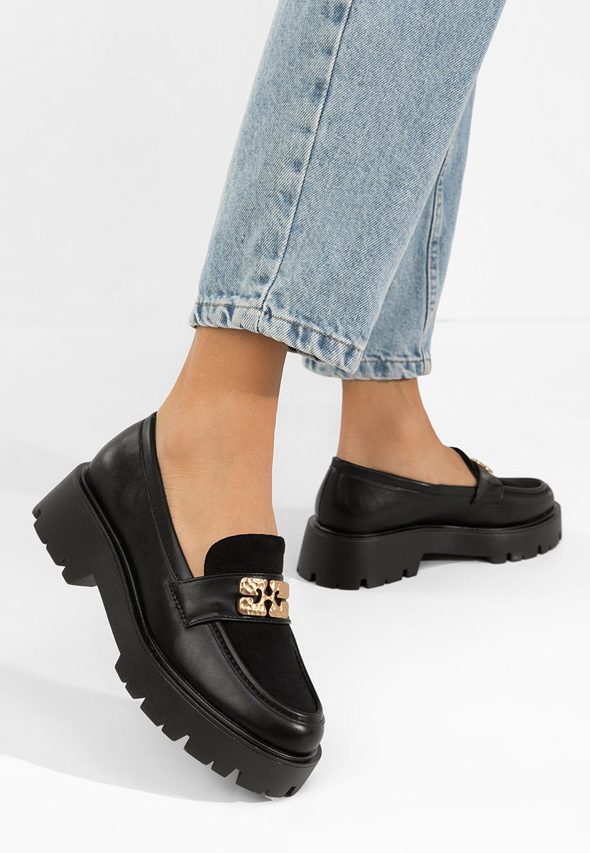 Karamela fekete női telitalpú mokaszin