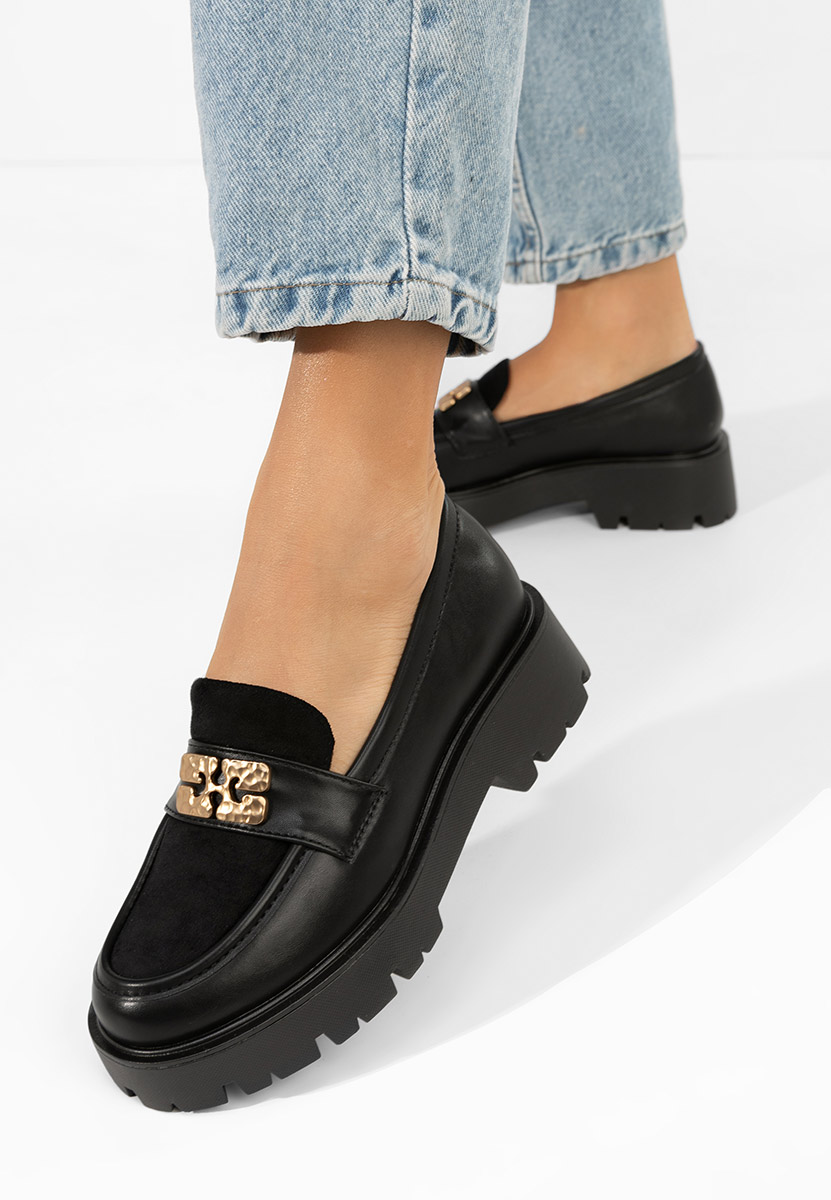 Karamela fekete női telitalpú mokaszin