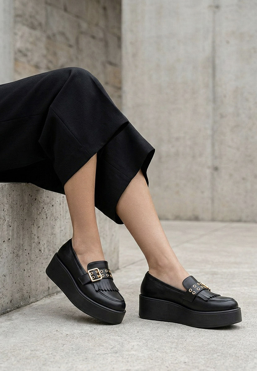 Magie fekete telitalpú platform mokaszin